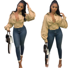 ***New Arrivals***Fashion Slim Temperament Solid  Color Lantern Sleeve Shirt