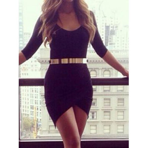 Sexy Scoop Neck 1/2 Sleeve Asymmetric Black Dress For Women