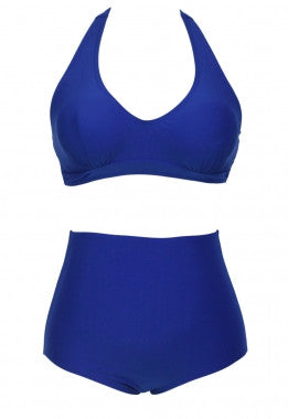Solid Blue High-waisted Halter Bikini Swimsuit