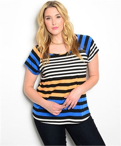 Plus Size/ WHITE ORANGE BLUE STRIPES TOP