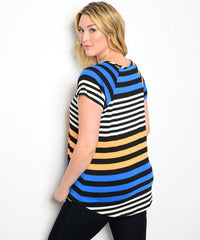 Plus Size/ WHITE ORANGE BLUE STRIPES TOP