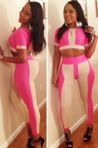 Pink White Stylish Bandage Bodycon Pant Set